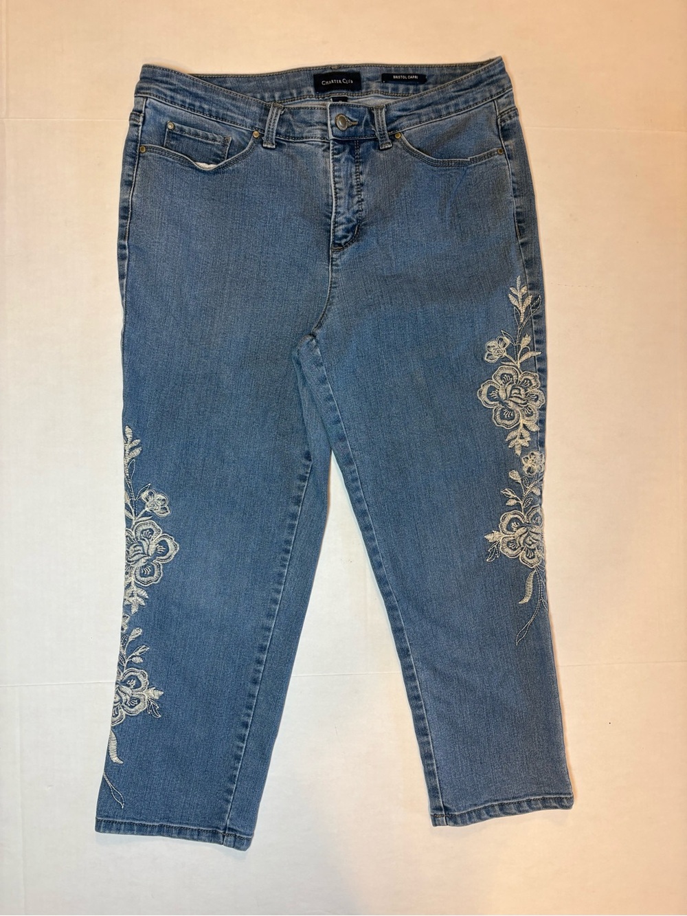 Charter Club Denim  Bristol Capri  Floral Embroidery Size 10